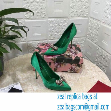 Dolce  &  Gabbana Heel 10.5cm Satin Pumps Green with Crystal Bow 2021